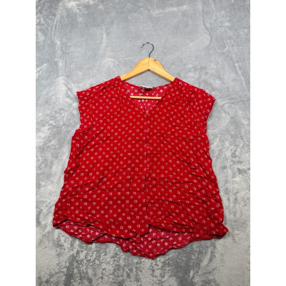Liz Claiborne Blouse Women Large Red Floral Rayon Button Front Cap Sleeve V Neck